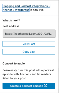 Wordpress publish screen with option to create Anchor podcast.